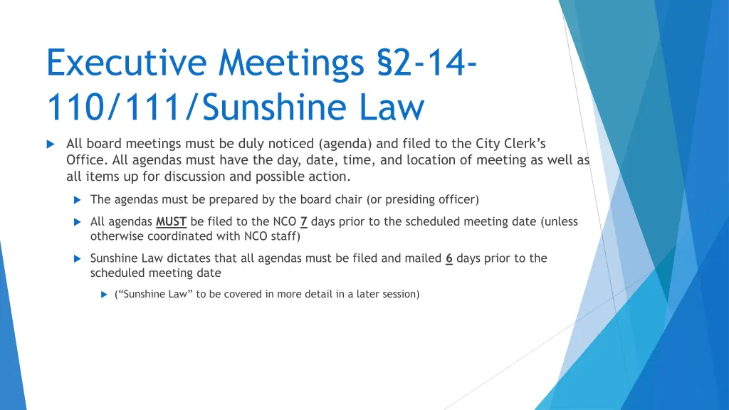 executive meetings 2 14 110 111 sunshine law