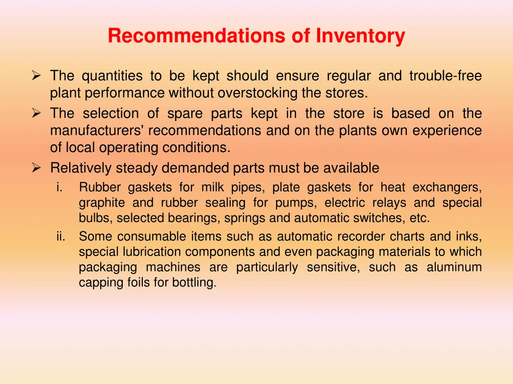 recommendations of inventory