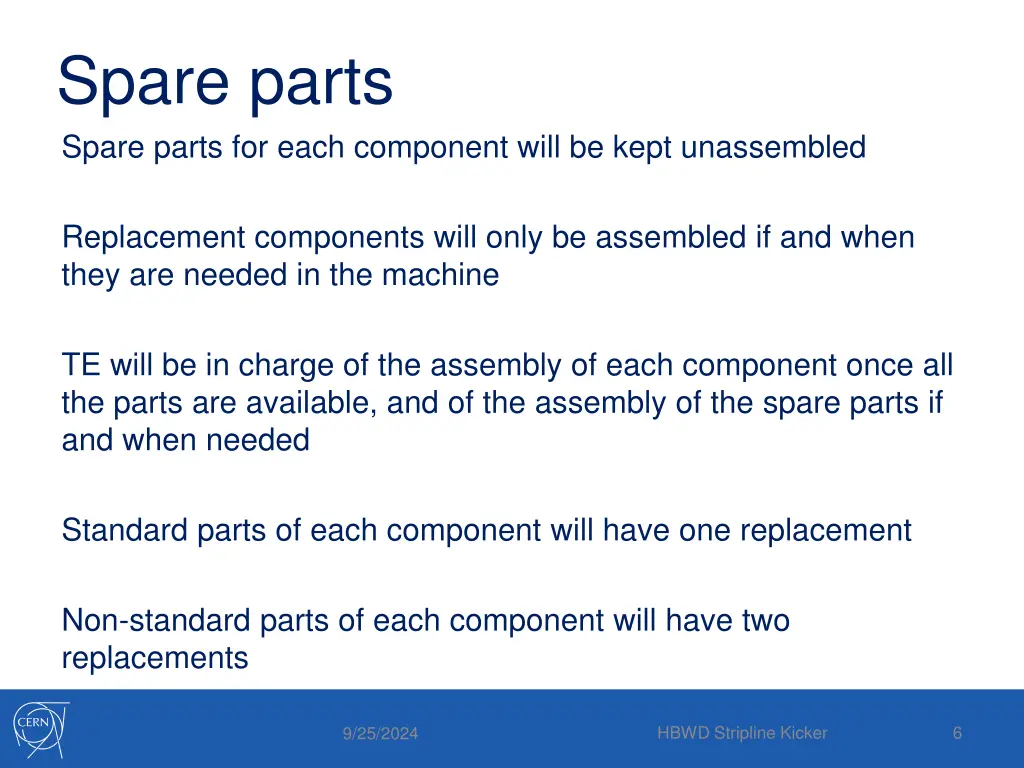 spare parts spare parts for each component will