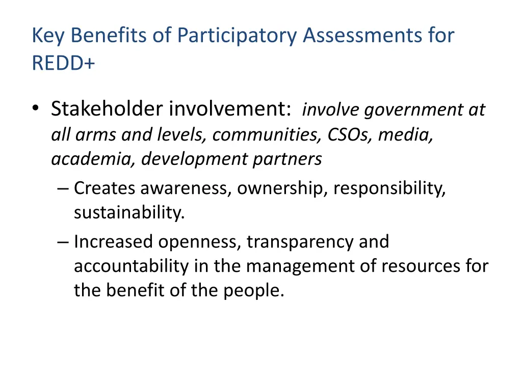 key benefits of participatory assessments for redd