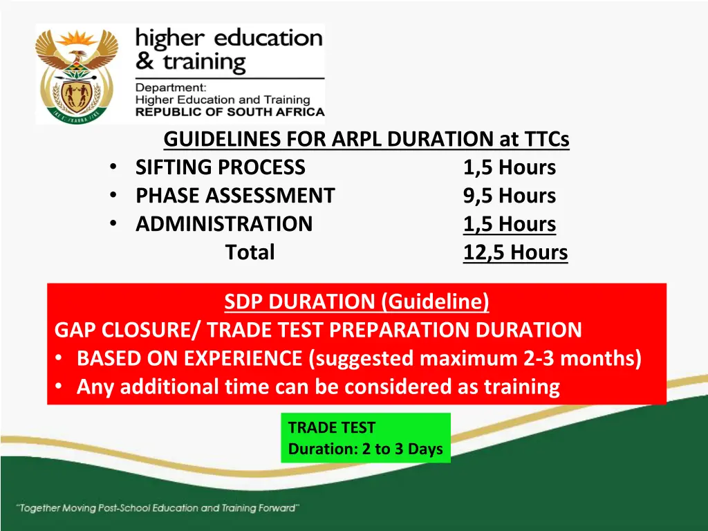 guidelines for arpl duration at ttcs sifting