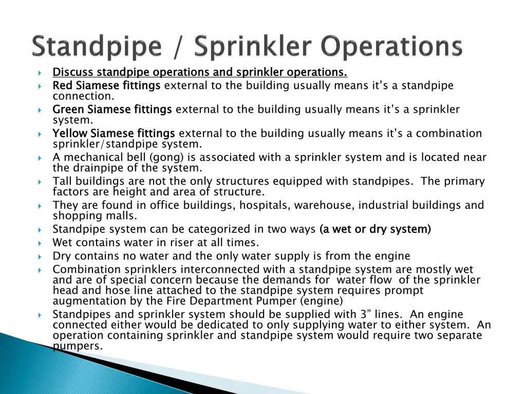 discuss standpipe operations and sprinkler