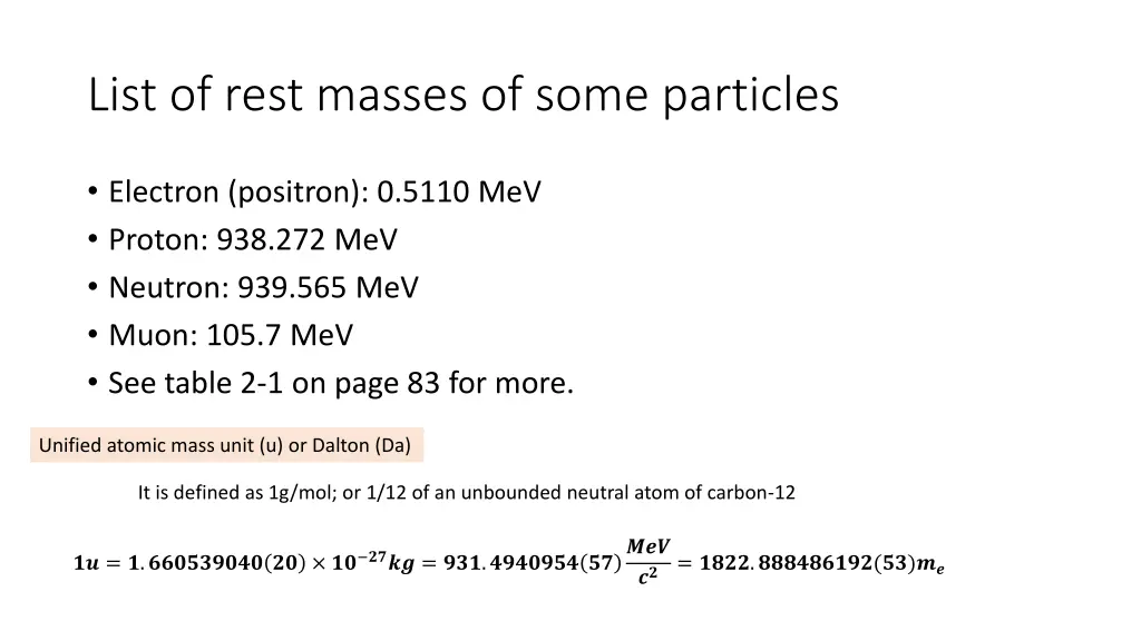 list of rest masses of some particles