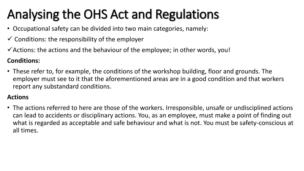 analysing the ohs act and regulations analysing