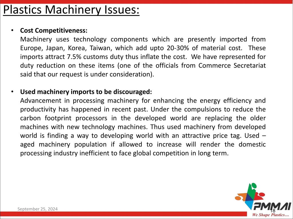 plastics machinery issues