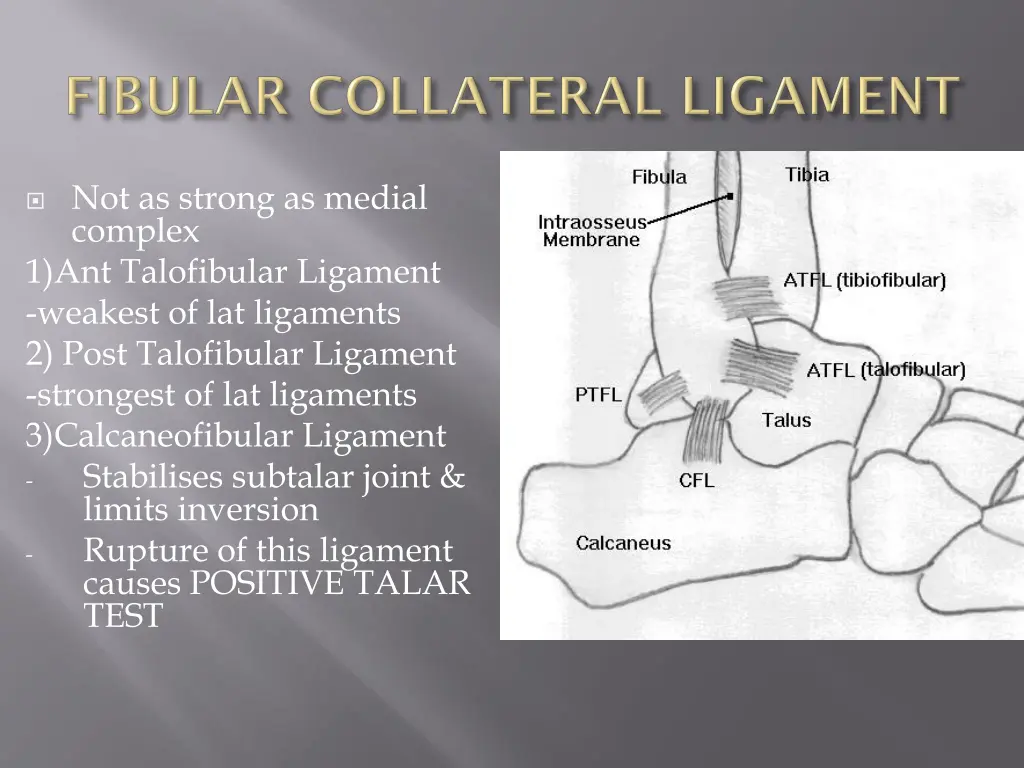 not as strong as medial complex 1 ant talofibular