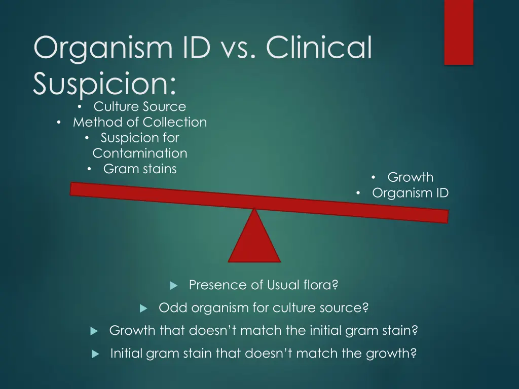 organism id vs clinical suspicion culture source