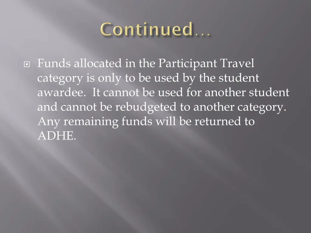 funds allocated in the participant travel