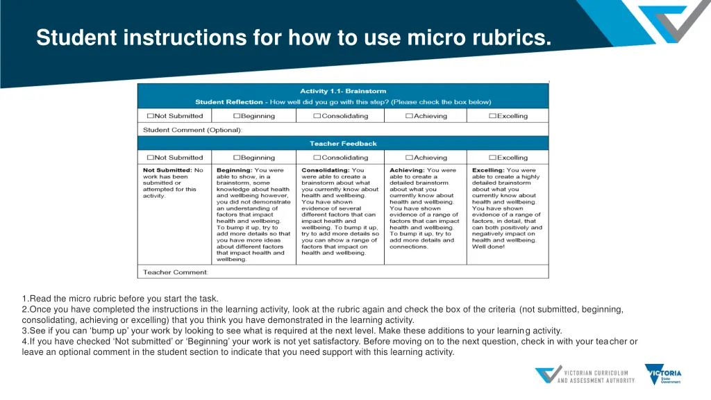 student instructions for how to use micro rubrics