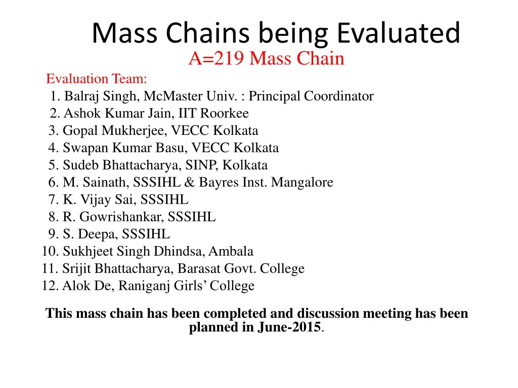 mass chains being evaluated