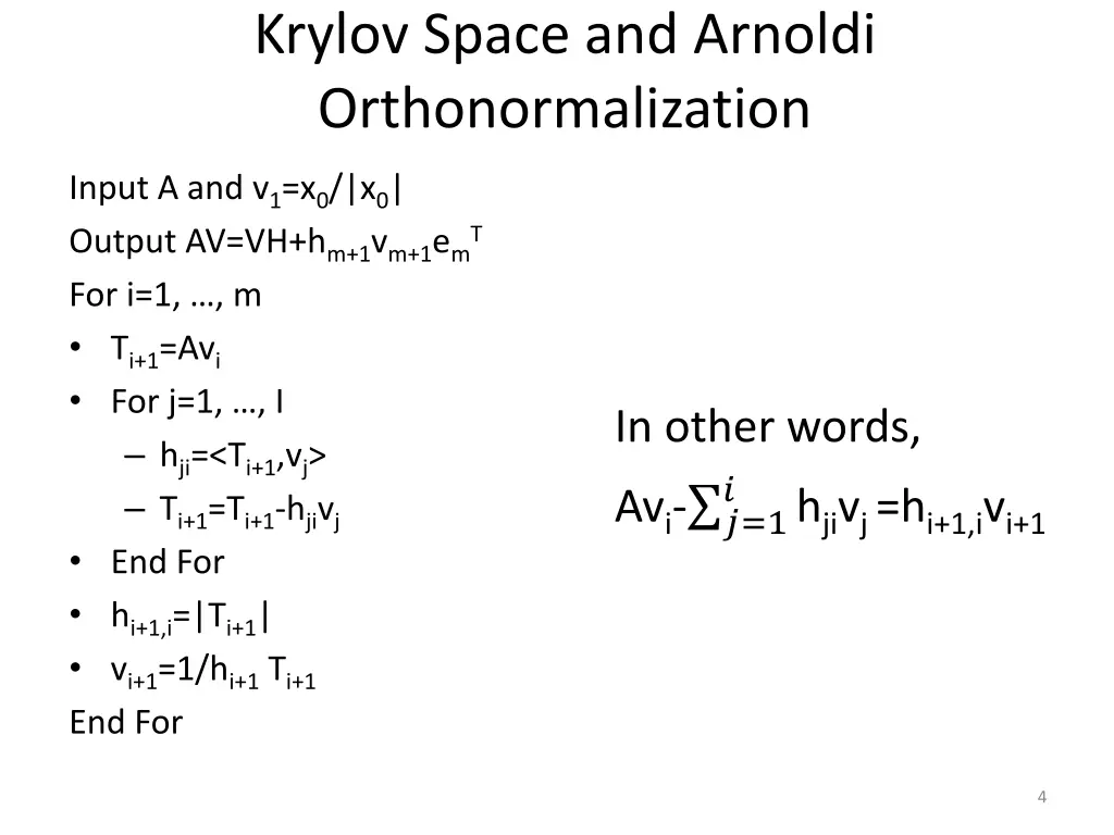 krylov space and arnoldi orthonormalization