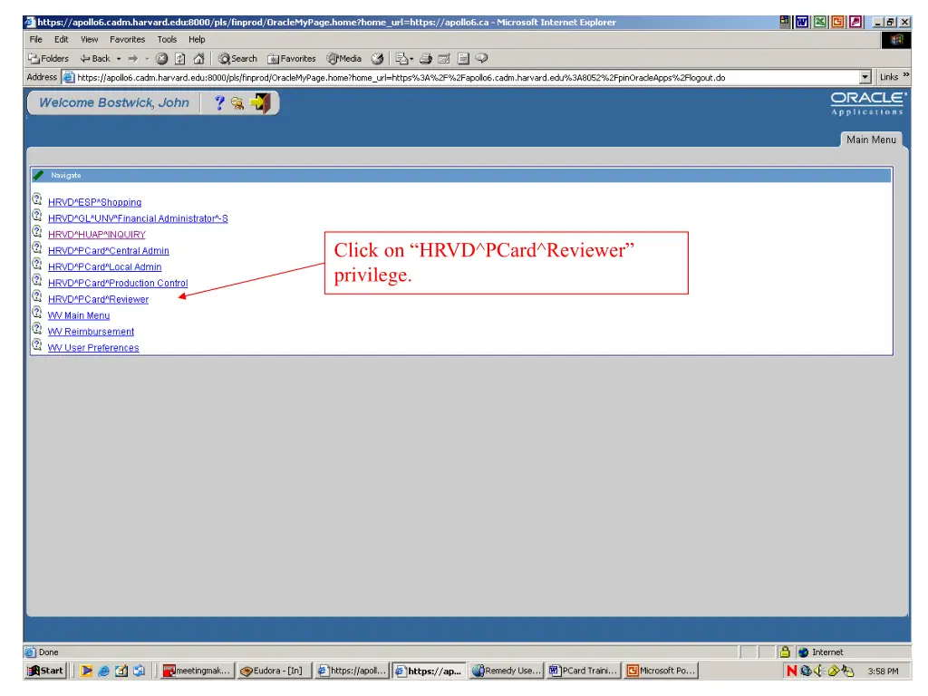 click on hrvd pcard reviewer privilege