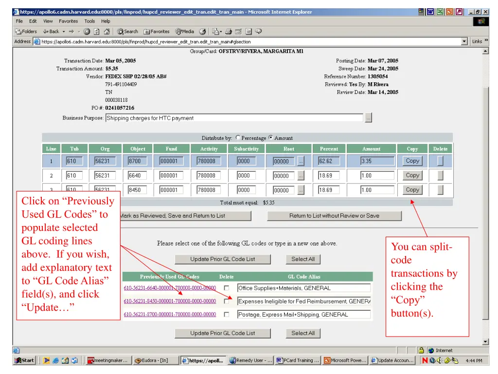 click on previously used gl codes to populate