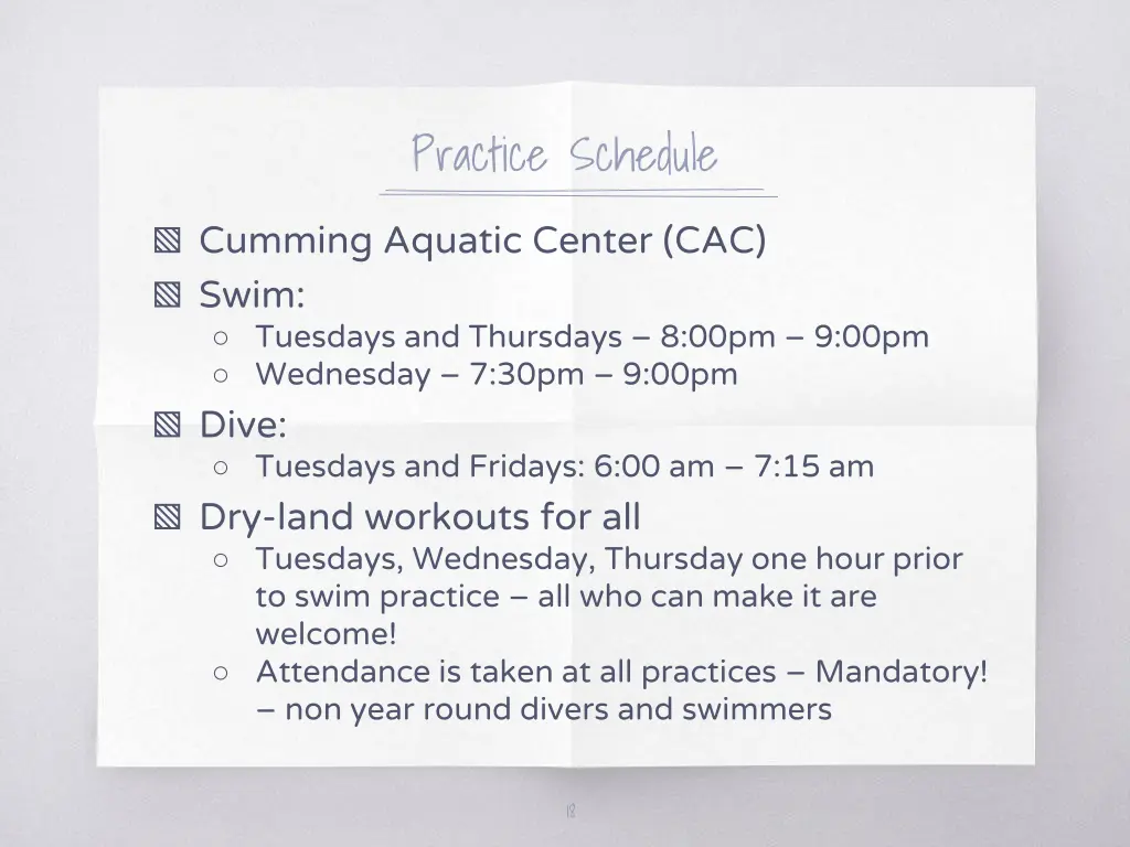 practice schedule