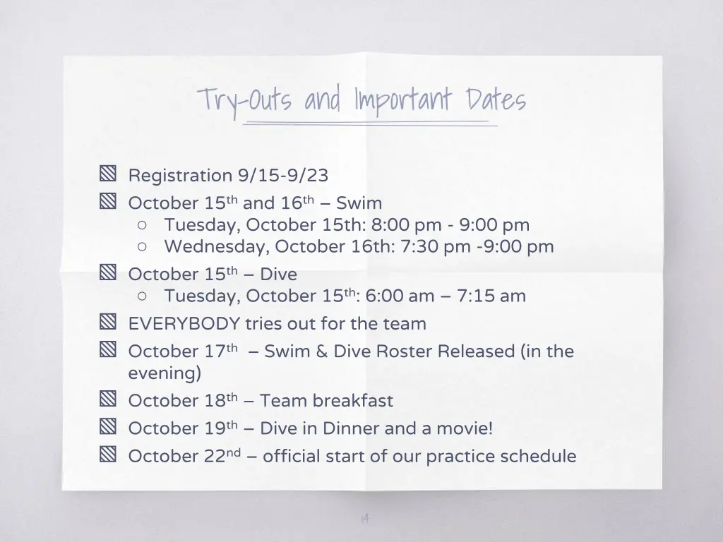 try outs and important dates