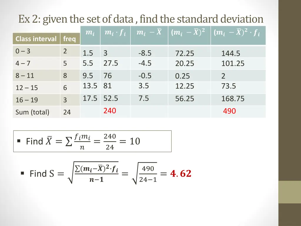 ex 2 given the set of data find the standard