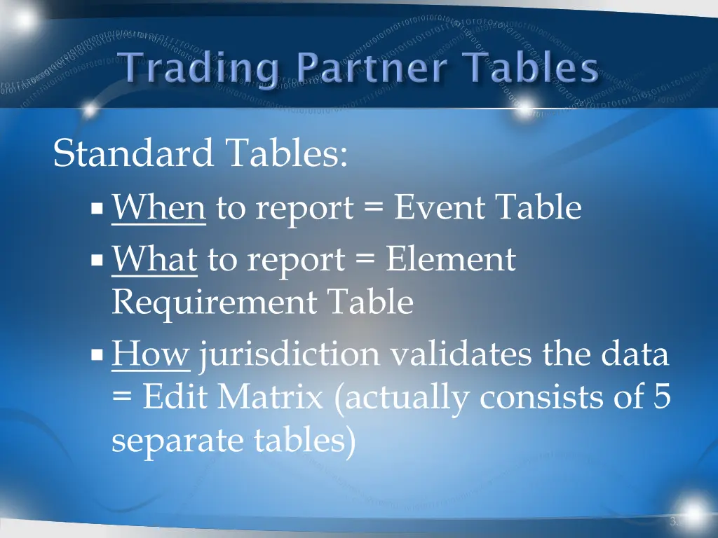 standard tables when to report event table what