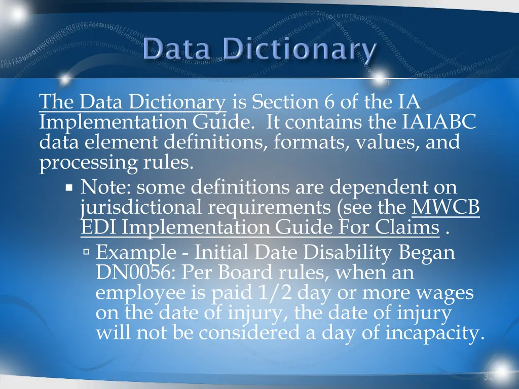 the data dictionary is section