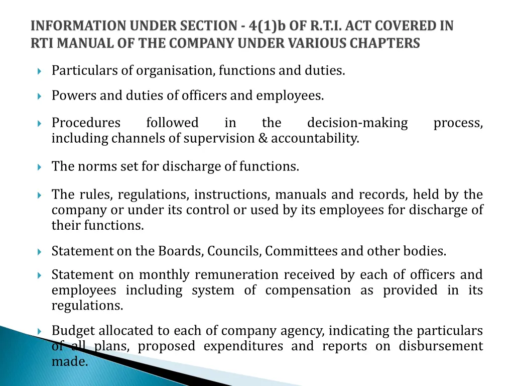 particulars of organisation functions and duties