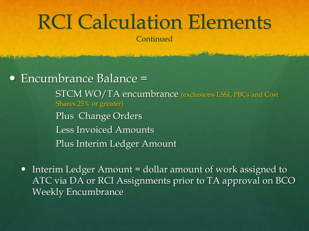 rci calculation elements continued