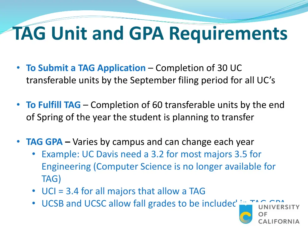 tag unit and gpa requirements