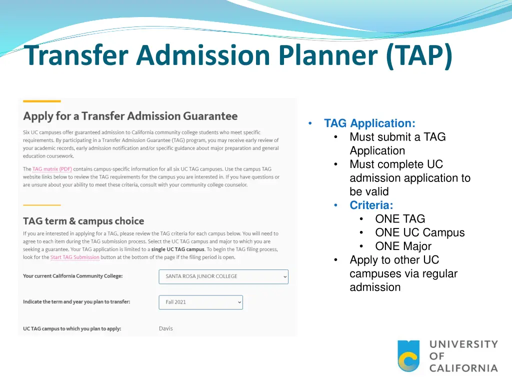 transfer admission planner tap 5