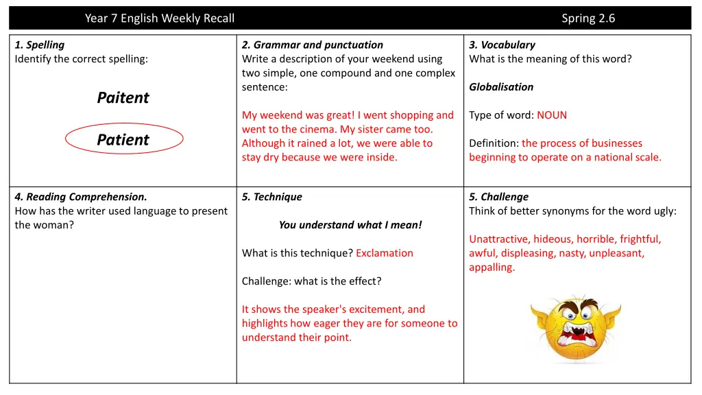 year 7 english weekly recall 10