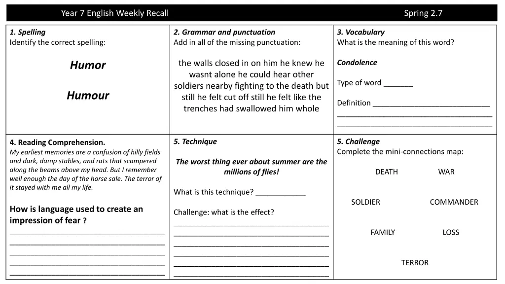 year 7 english weekly recall 11