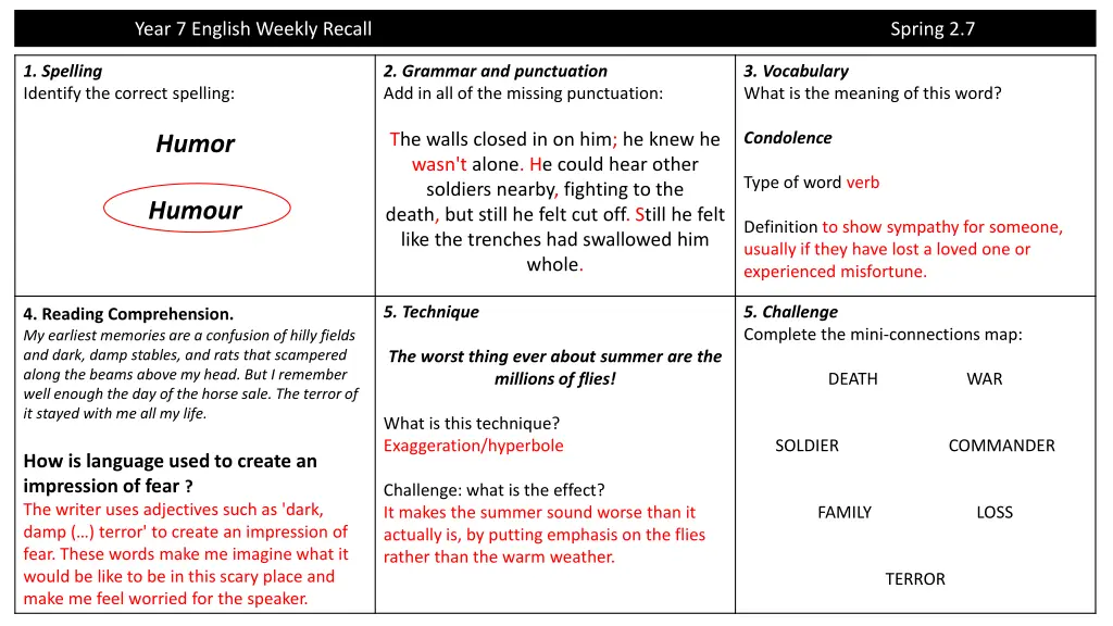 year 7 english weekly recall 12