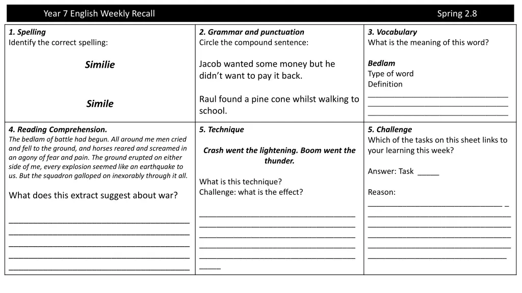 year 7 english weekly recall 13