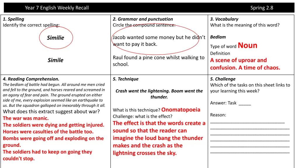 year 7 english weekly recall 14