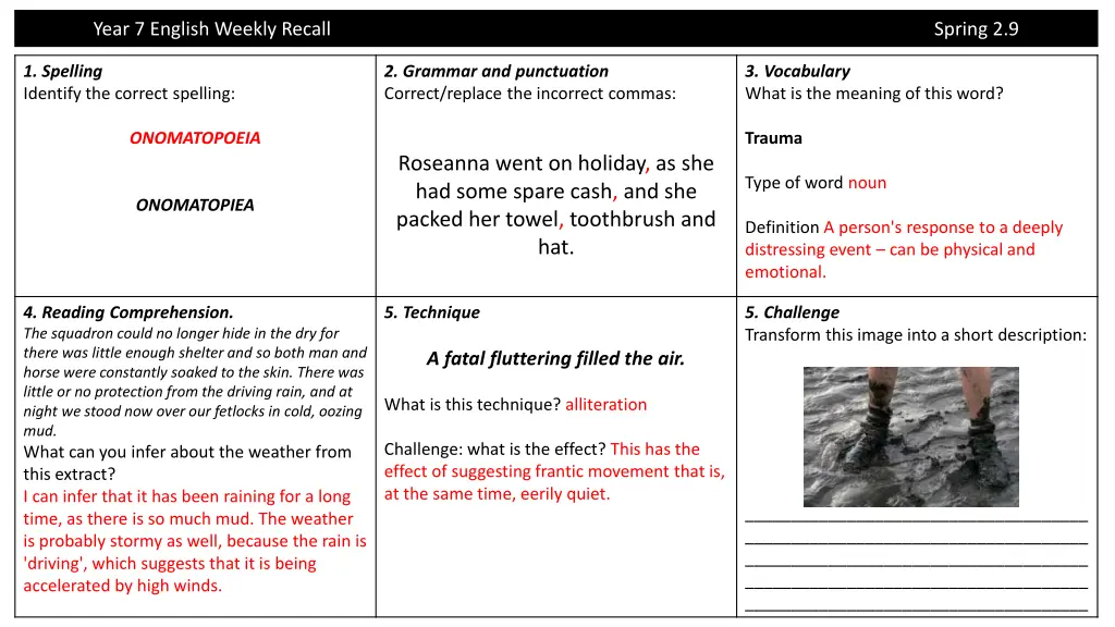 year 7 english weekly recall 16