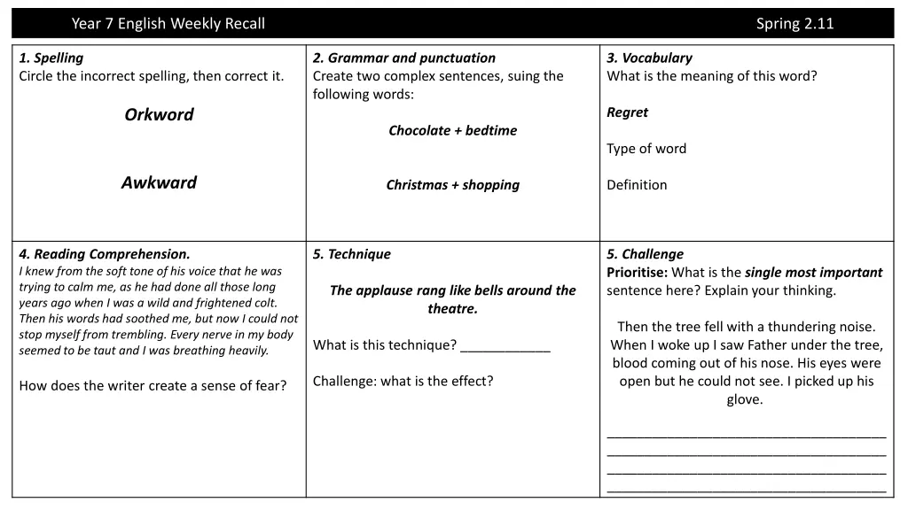 year 7 english weekly recall 19