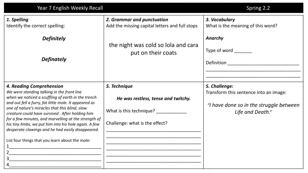 year 7 english weekly recall 2