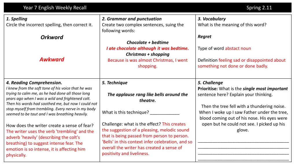 year 7 english weekly recall 20