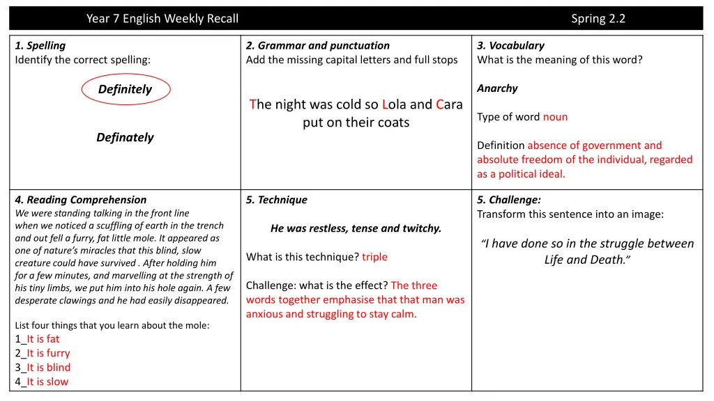 year 7 english weekly recall 3