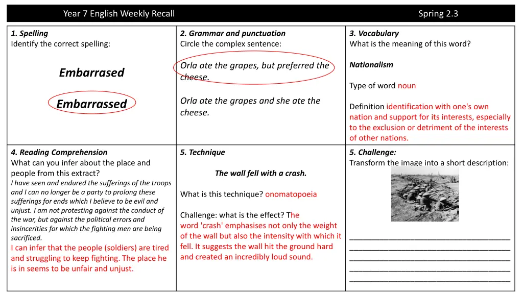 year 7 english weekly recall 5