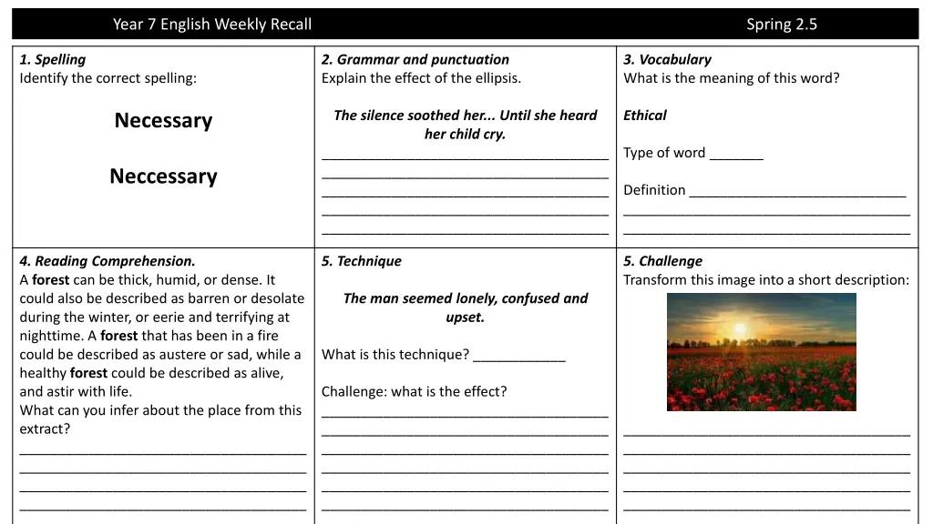 year 7 english weekly recall 7