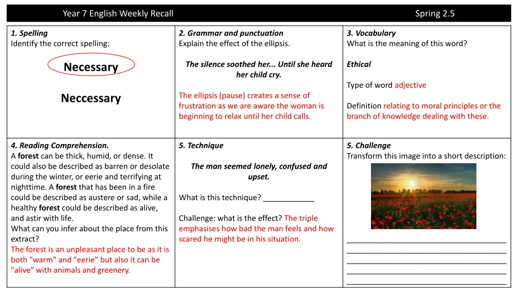 year 7 english weekly recall 8