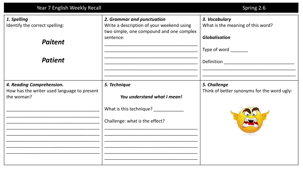 year 7 english weekly recall 9