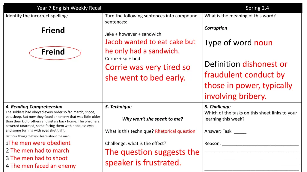 year 7 english weekly recall identify