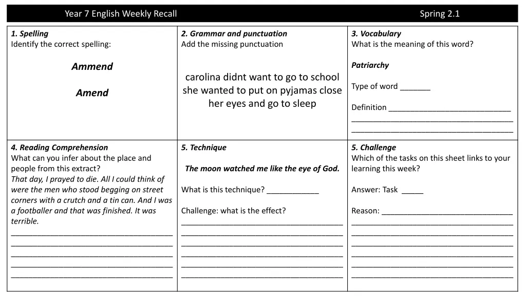 year 7 english weekly recall