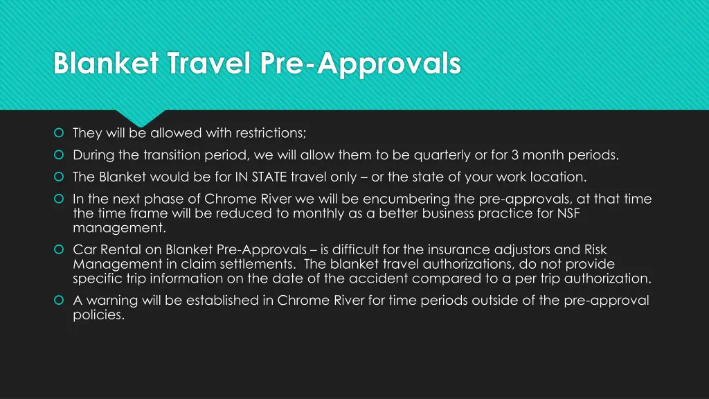 blanket travel pre approvals