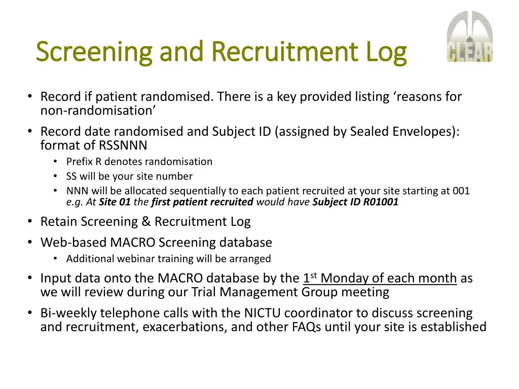 screening and recruitment log screening 1