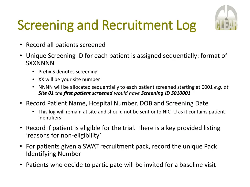 screening and recruitment log screening