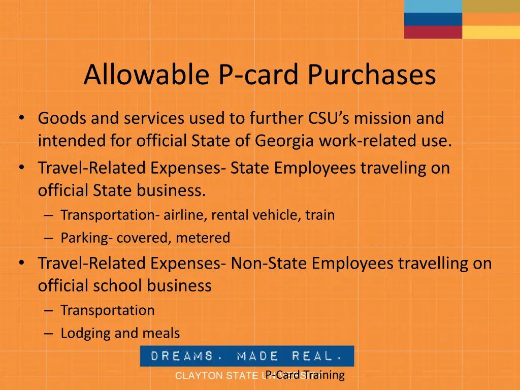 allowable p card purchases