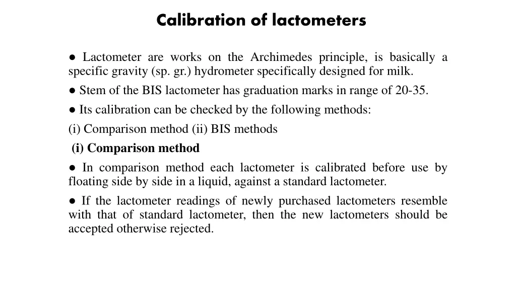 calibration of lactometers