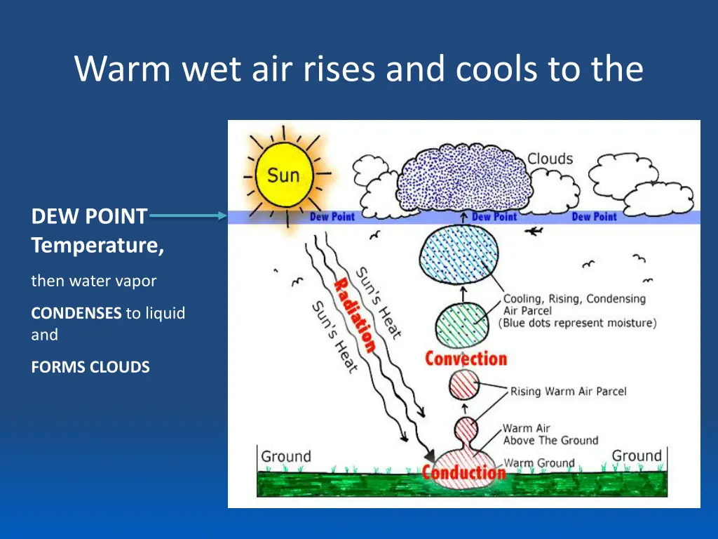 warm wet air rises and cools to the