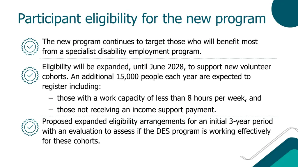 participant eligibility for the new program