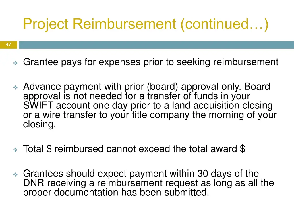 project reimbursement continued